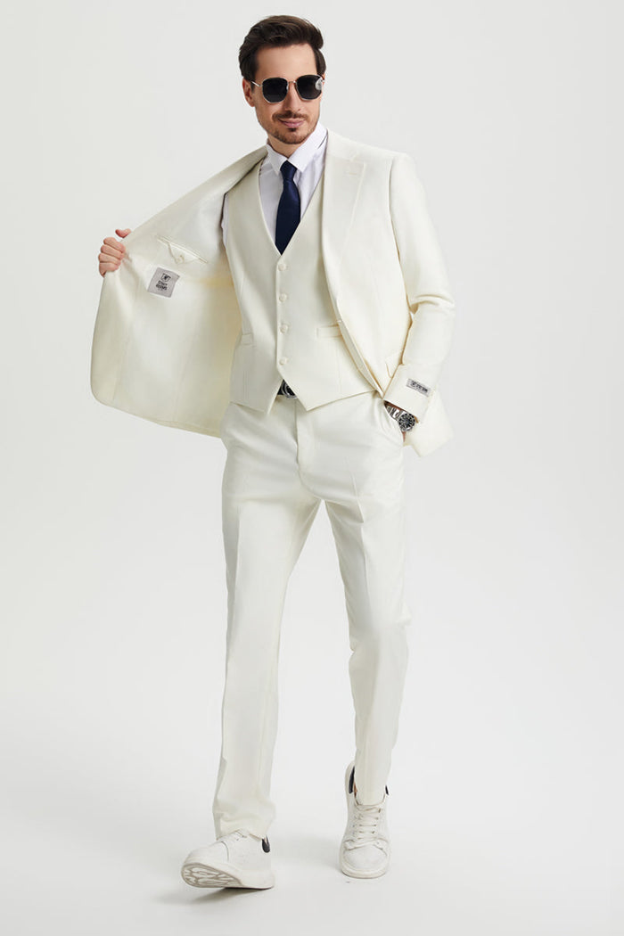 Men's Two Button Vested Stacy Adams Basic Designer Suit in Ivory Off White