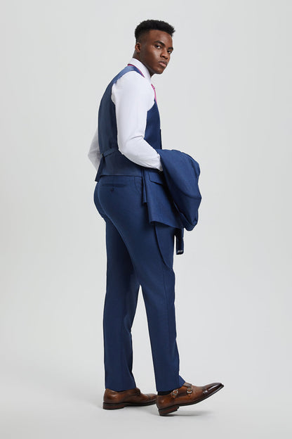 Men's Two Button Vested Stacy Adams Designer Sharkskin Suit in Blue