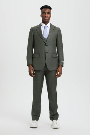 Men's Two Button Vested Stacy Adams Designer Sharkskin Suit in Olive Green
