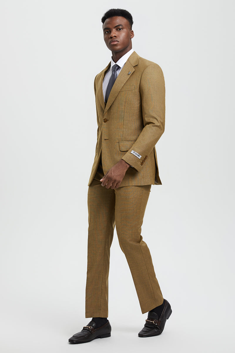 Men's Two Button Vested Stacy Adams Designer Sharkskin Suit in Light Mustard
