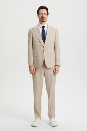 Men's Vested One Button Peak Lapel Stacy Adams Designer Suit in Tan