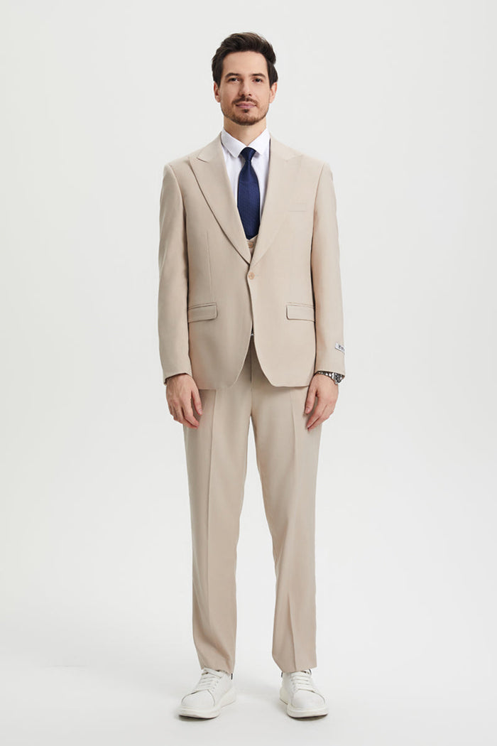 Men's Vested One Button Peak Lapel Stacy Adams Designer Suit in Tan
