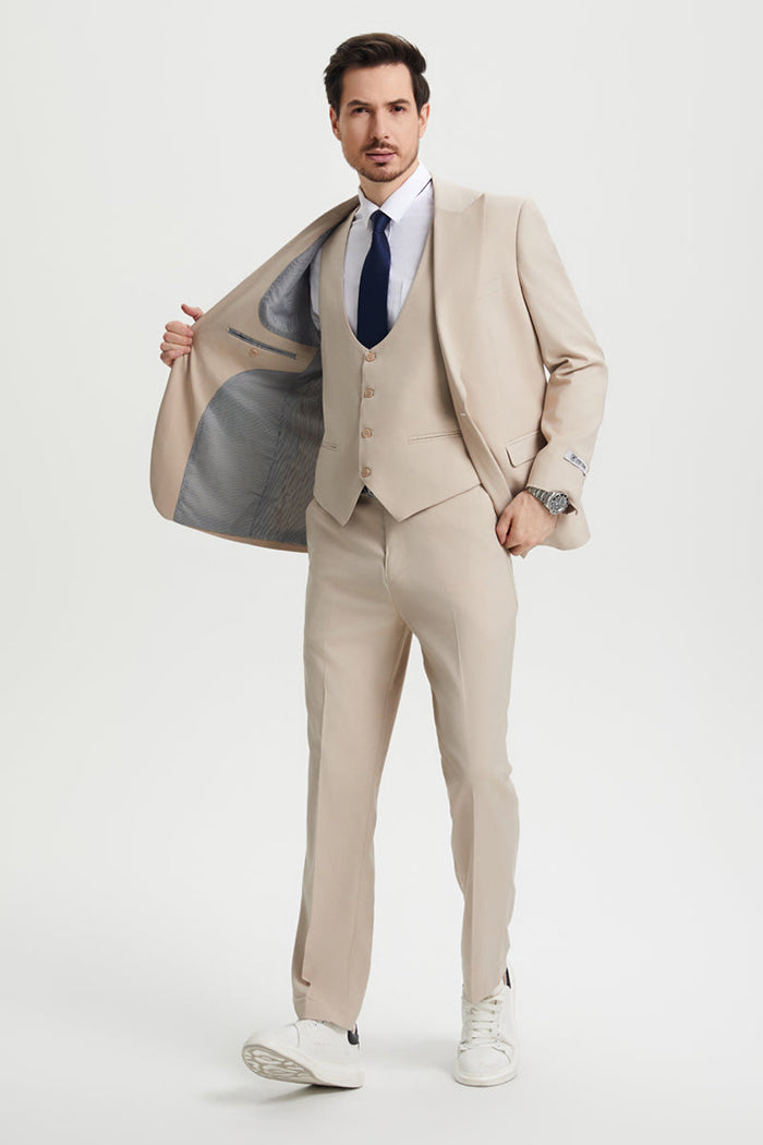 Men's Vested One Button Peak Lapel Stacy Adams Designer Suit in Tan