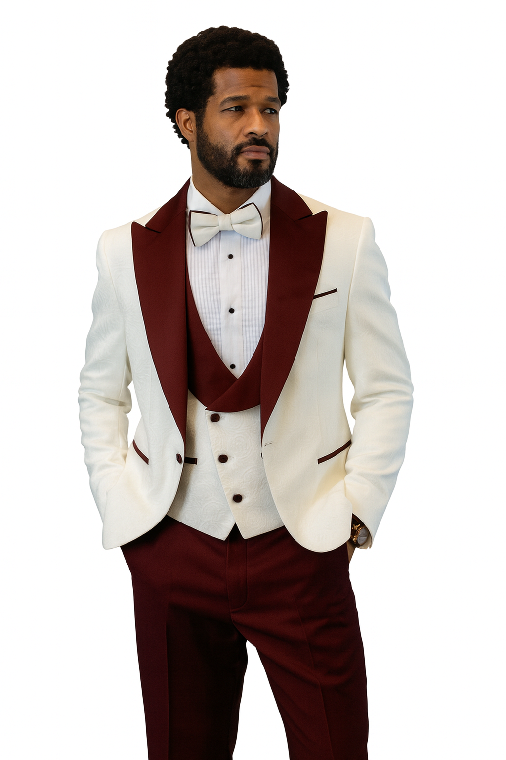 Hilton White & Burgundy Paisley Peak Lapel Tuxedo Jacket with Matching Shawl Vest & Wool Pants  Includes Bow Tie