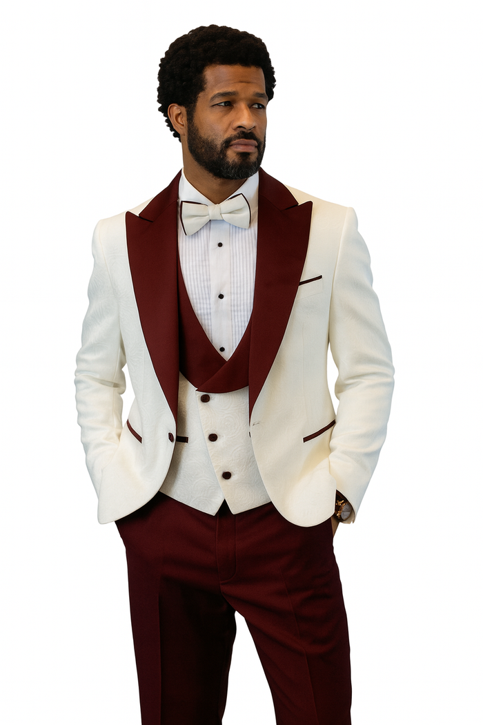 Hilton White & Burgundy Paisley Peak Lapel Tuxedo Jacket with Matching Shawl Vest & Wool Pants  Includes Bow Tie