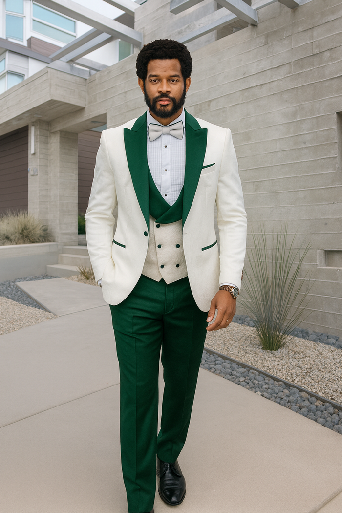 Hilton White and Hunter Green Paisley Peak Lapel Tuxedo Jacket with Matching Shawl Vest and Wool Pants  Includes Bow Tie