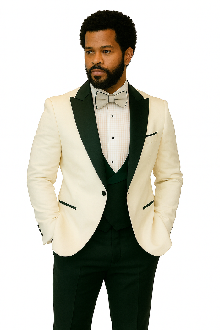 Hilton White and Black Paisley Peak Lapel Tuxedo Jacket with Matching Shawl Vest and Wool Pants  Includes Bow Tie