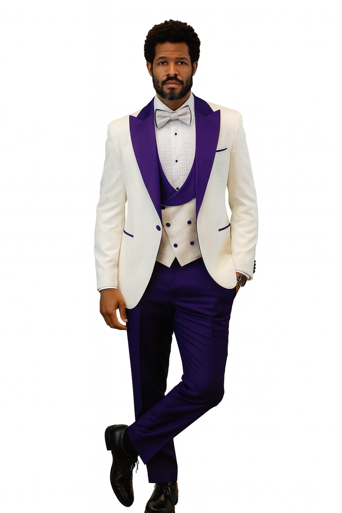 Hilton White and Purple Paisley Peak Lapel Tuxedo Jacket with Matching Shawl Vest and Wool Pants  Includes Bow Tie