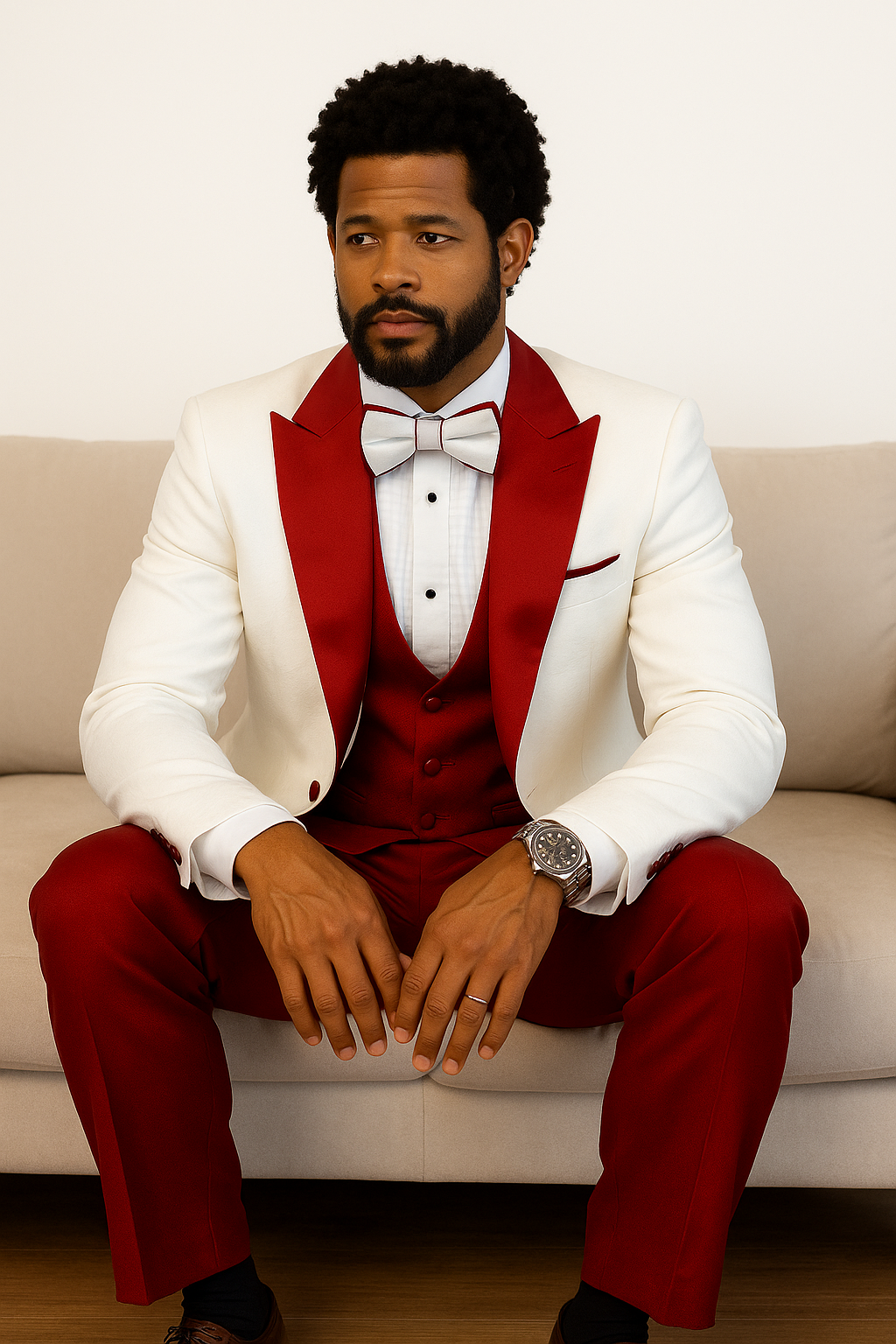 Hilton White and Red Paisley Peak Lapel Tuxedo Jacket with Matching Shawl Vest and Wool Pants  Includes Bow Tie