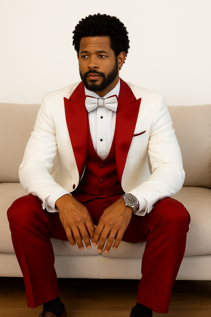 Hilton White and Red Paisley Peak Lapel Tuxedo Jacket with Matching Shawl Vest and Wool Pants  Includes Bow Tie