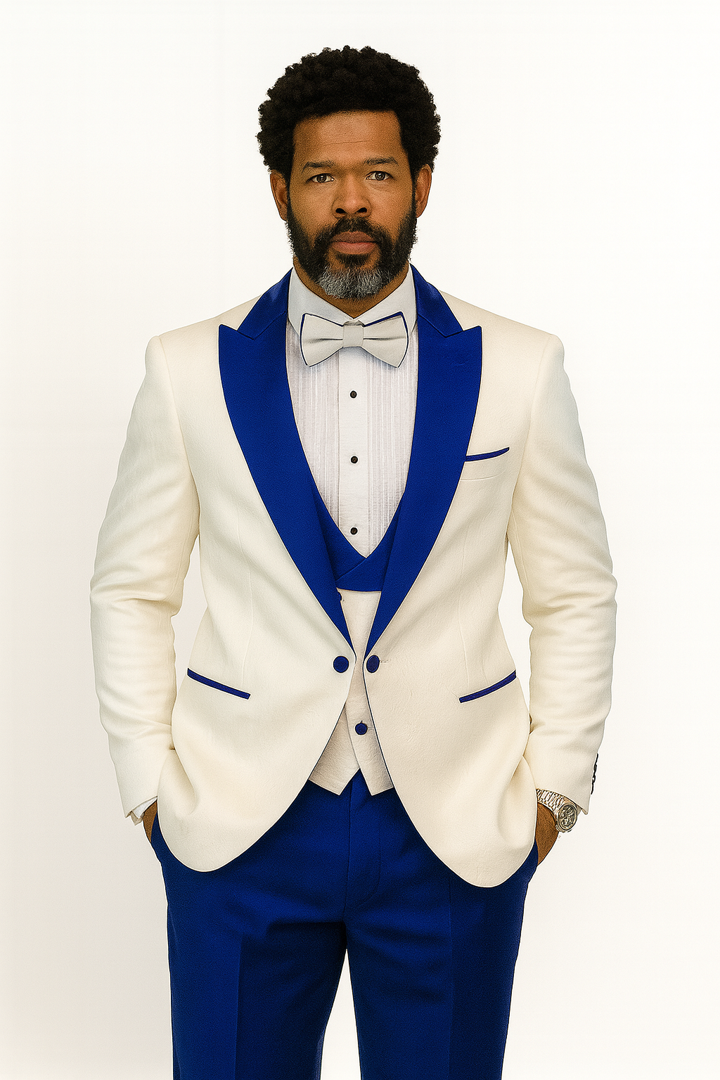 Hilton White and Royal Blue Paisley Peak Lapel Tuxedo Jacket with Matching Shawl Vest and Wool Pants  Includes Bow Tie