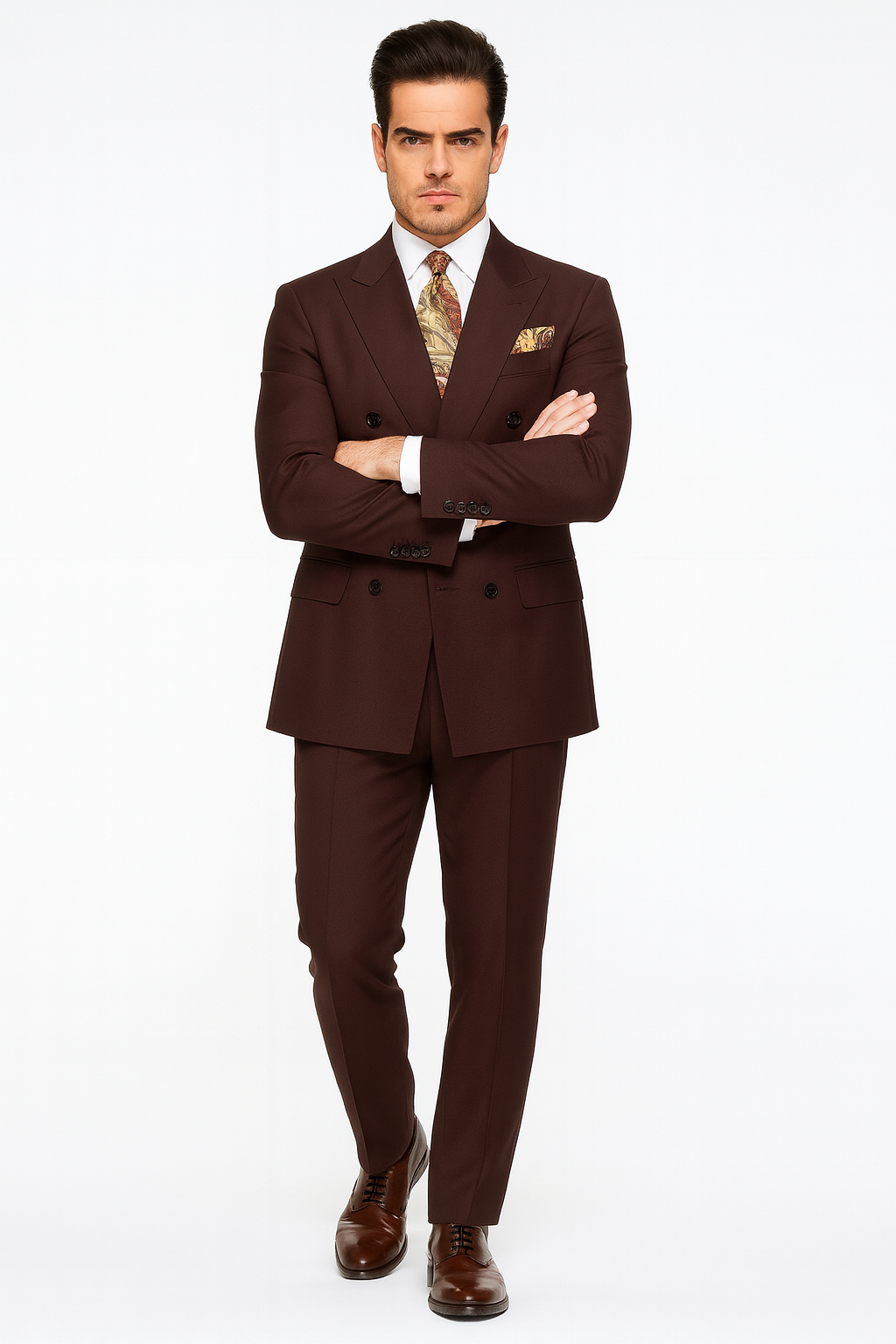 Double Breasted Suits - Vested Suits Wool Fabric - Apolo King Brand - Solid Brown Suit