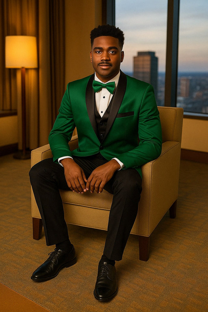 Mens Emerald Green Satin Tuxedo with Black Peak Lapel and Bow Tie  Formal Slim Fit Suit