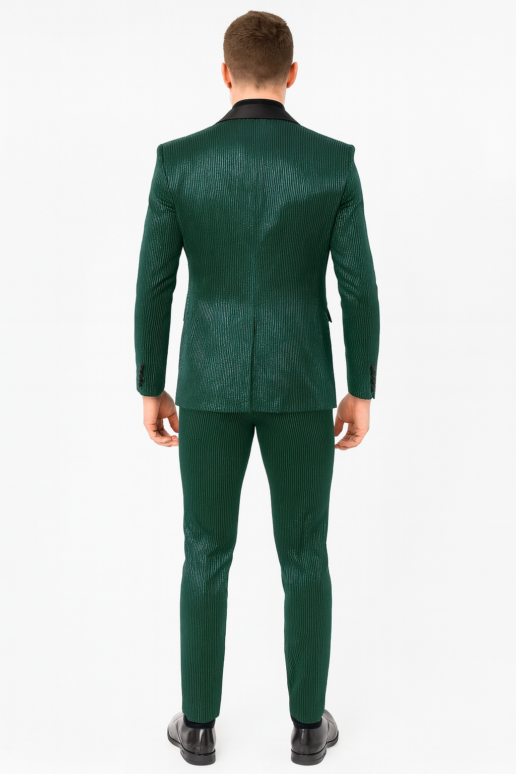 Mens Emerald Green Shiny Stripe Tuxedo Suit – Slim Fit 2-Piece Satin Lapel Dinner Jacket and Pants Ultra slim fit