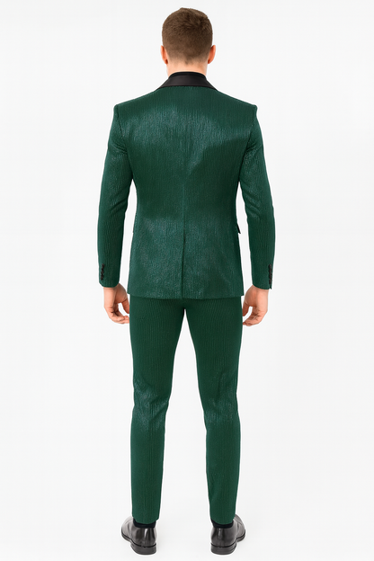 Mens Emerald Green Shiny Stripe Tuxedo Suit  Slim Fit 2-Piece Satin Lapel Dinner Jacket and Pants Ultra slim fit