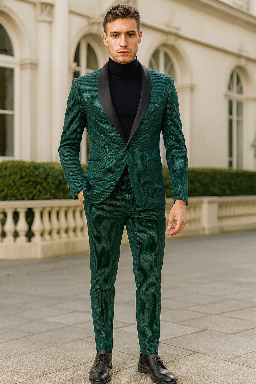 Mens Emerald Green Shiny Stripe Tuxedo Suit  Slim Fit 2-Piece Satin Lapel Dinner Jacket and Pants Ultra slim fit