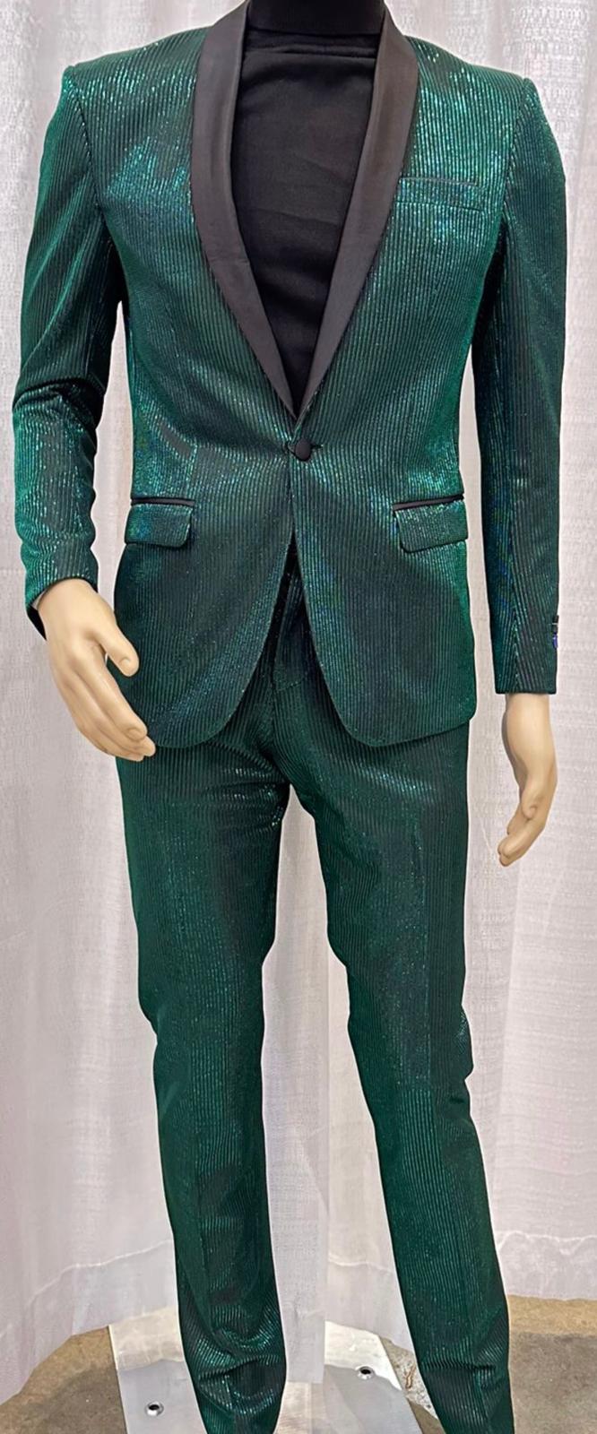 Mens Emerald Green Shiny Stripe Tuxedo Suit  Slim Fit 2-Piece Satin Lapel Dinner Jacket and Pants Ultra slim fit