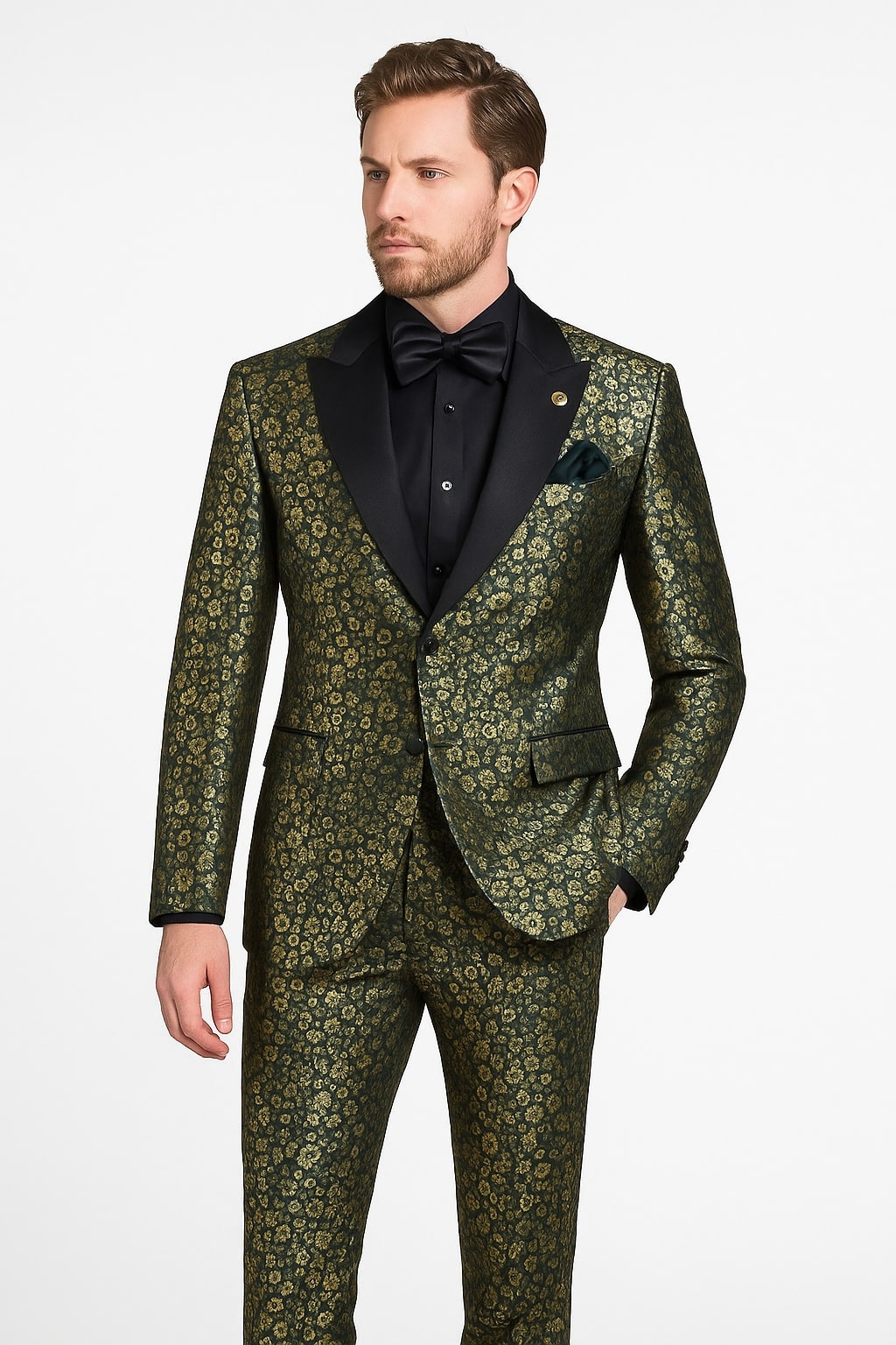 Emerald Green and Gold Floral Tuxedo Suit for Men Perfect Prom or Wedding Suit