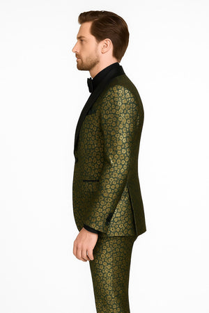Emerald Green and Gold Floral Tuxedo Suit for Men Perfect Prom or Wedding Suit
