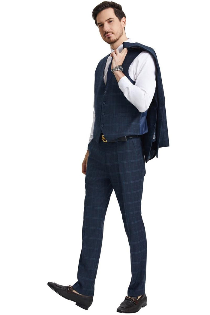 Men's Stacy Adams Vested Modern Fit Windowpane Plaid Suit in Navy Blue