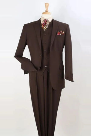 Mens Traditional Fit Brown Suit  Vested 2-Button with Pleated Pants