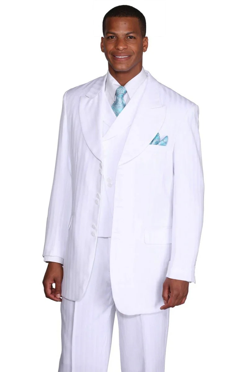 Mens Fashion Slanted Vested Peak Lapel Tonal Pinstripe Suit in White - Men's Tuxedo USA