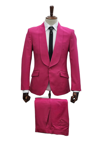 Mens Fuchsia Pink 2-Piece Slim Fit Suit – 1 Button Shawl Lapel with Flat Front Pants