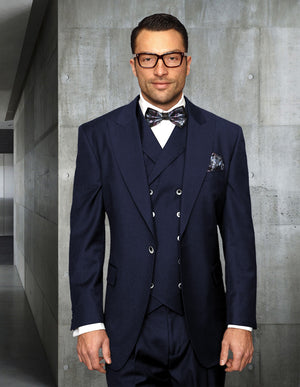 Great Gatsby Suit - Double breasted Vest - Big Peak Lapel Vintage Suit No Pleated Pants in Color Navy Blue