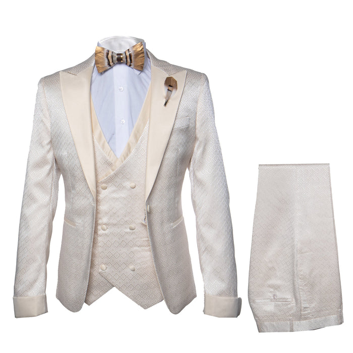 Rossi Man FORD RM1913 ?? Slim Fit 3-Piece Suit for Men in Off-White | Classic Style for Formal Occasions