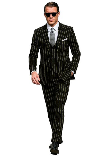Mens 2 button Gangster Pinstripe Suit in Black & Yellow