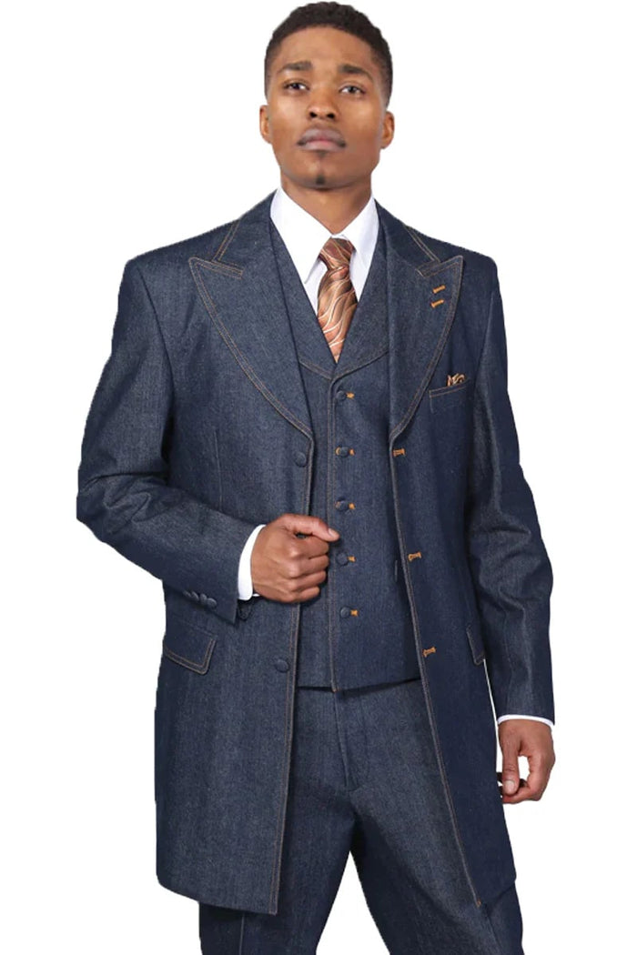 Men’s Blue Denim Zoot Suit, Long Vested Vintage Jeans Style Formal Suit Set