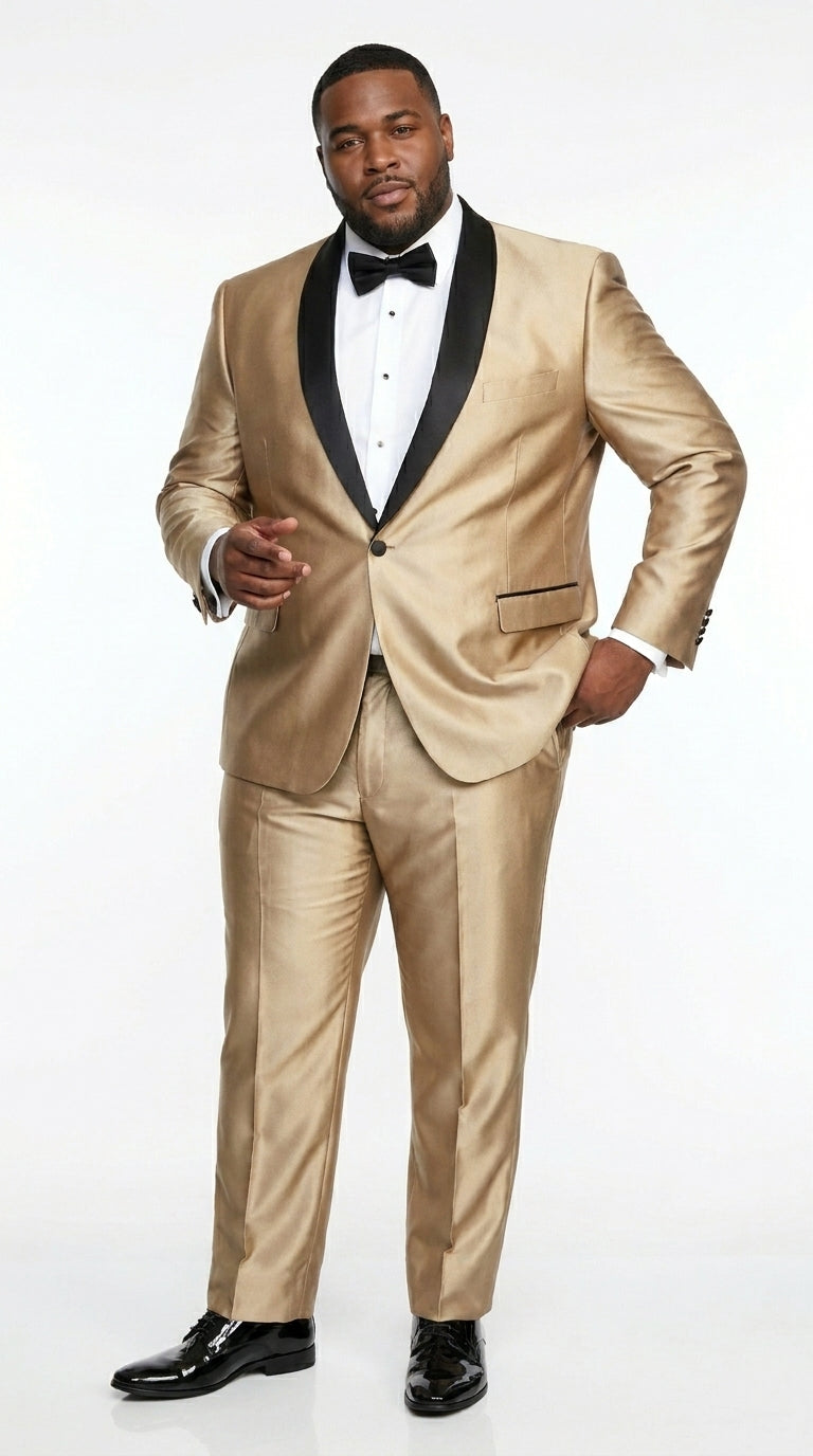 Men’s Gold Shiny Sharkskin Tuxedo with One Button Jacket, Black Shawl Lapel and Matching Pants