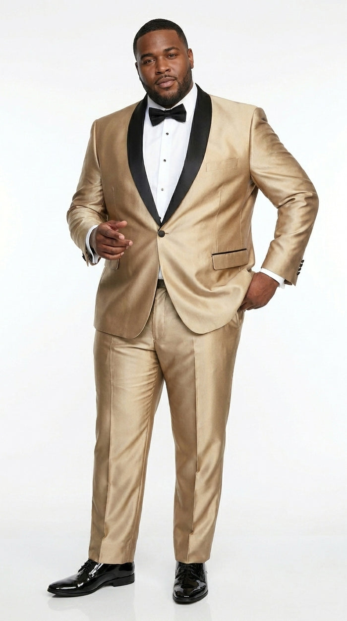 Men’s Gold Shiny Sharkskin Tuxedo with One Button Jacket, Black Shawl Lapel and Matching Pants
