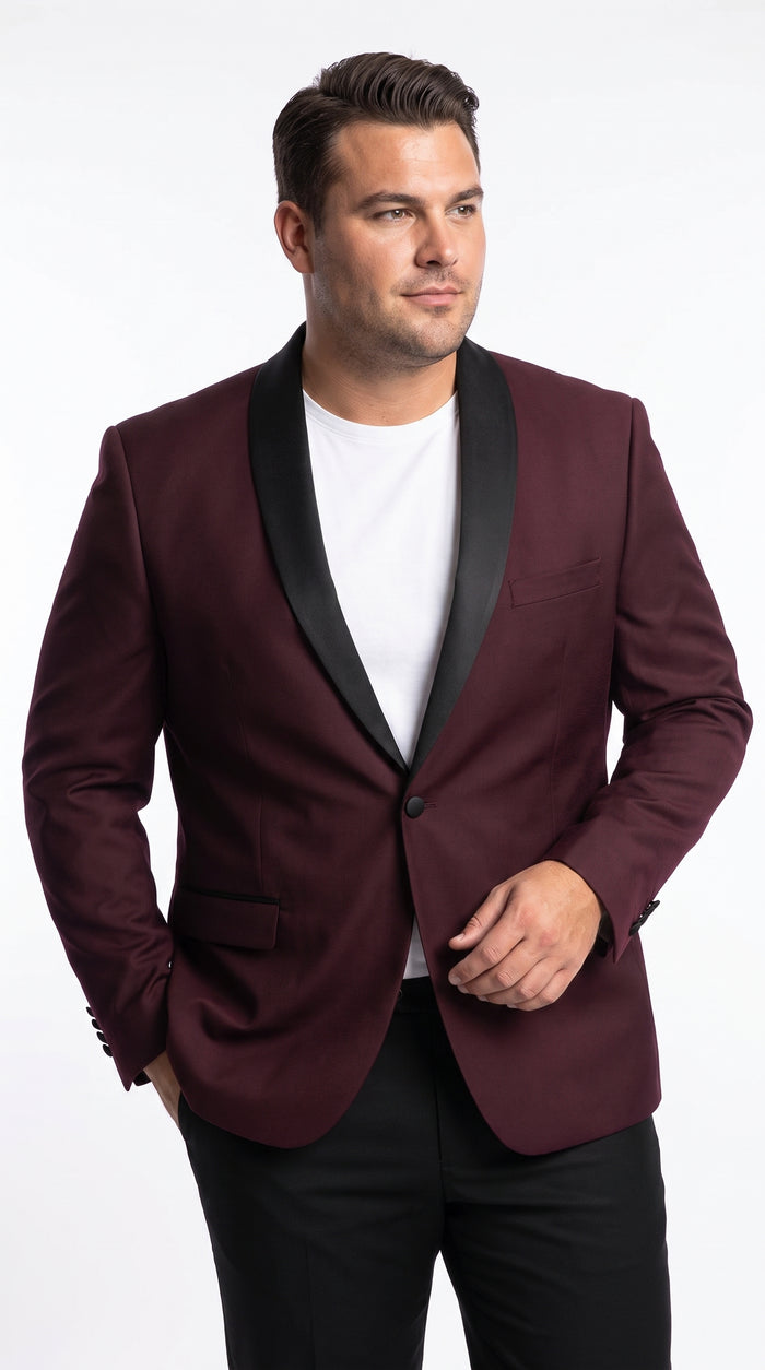 Men’s Burgundy Wool Dinner Jacket with Black Shawl Lapel, 1 Button Formal Tuxedo Blazer