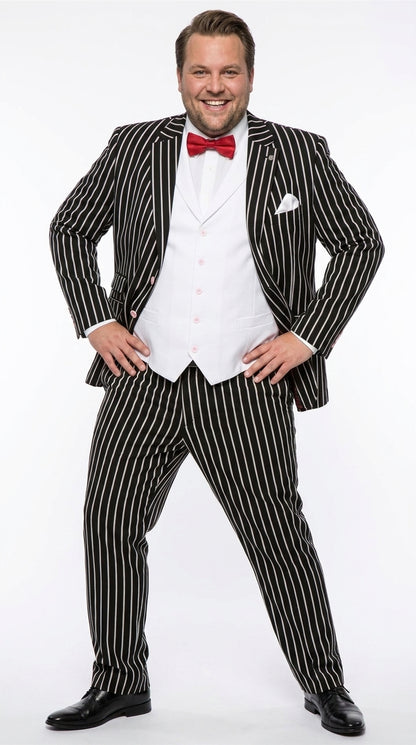 Men’s Black 1920s Bold Pinstripe Gangster Suit with Vest, Vintage Formal Party Dress Suit