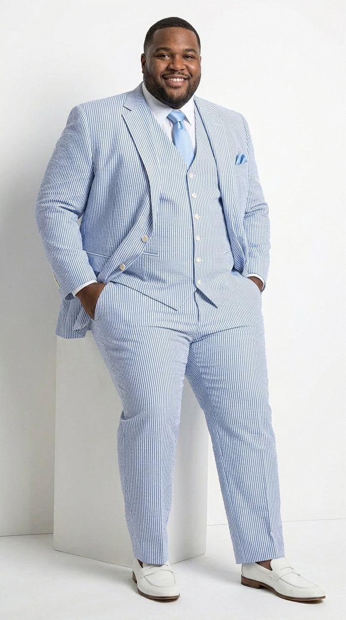 Men’s Light Blue Seersucker Jacket + Pants Suit with 2 Button Jacket, Summer Wedding Formal Dress Suit