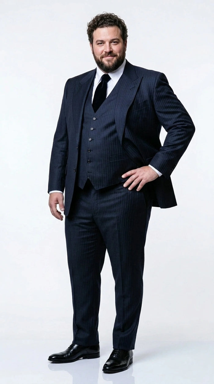 Men’s Navy Herringbone Textured 3 Piece Suit Set, Classic Formal Blazer, Waistcoat and Trouser Outfit