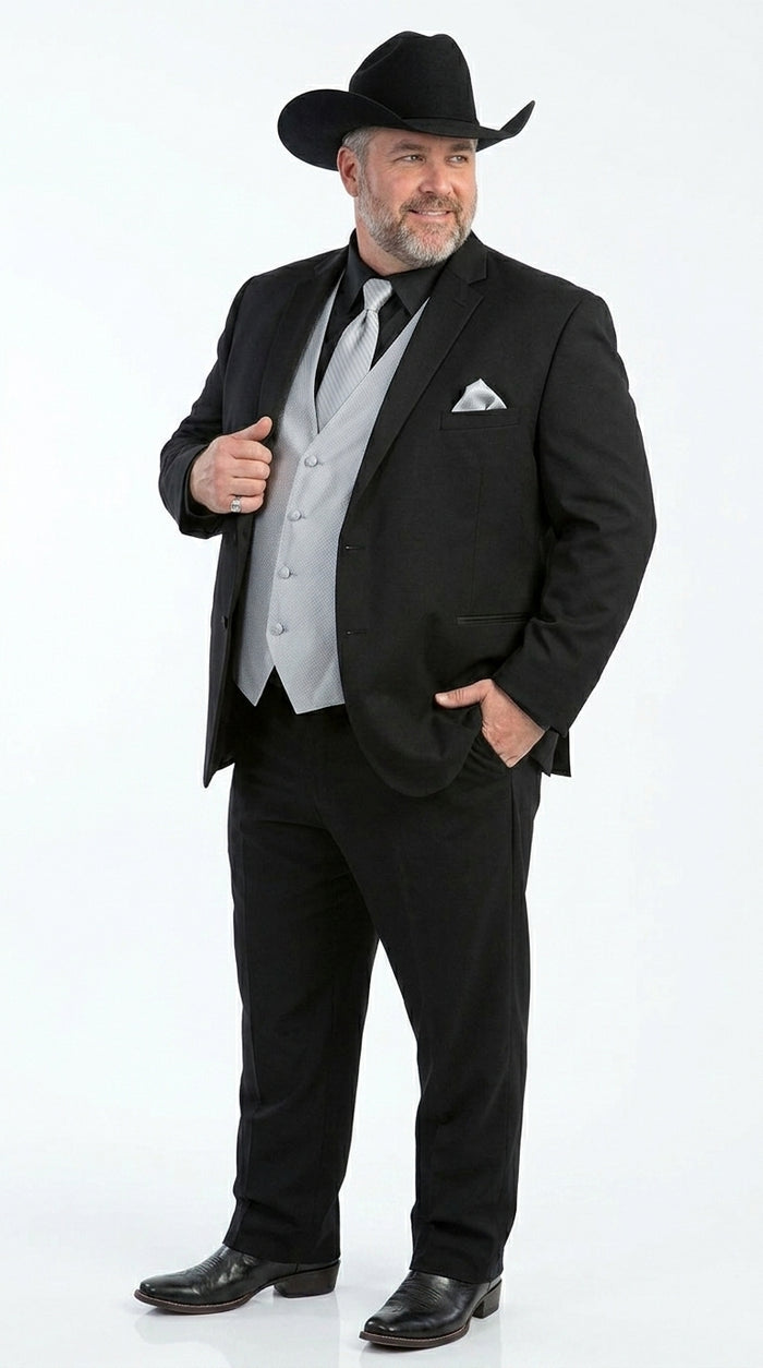 Men’s Black 2 Button Trim Cowboy Suit with Silver Waistcoat, Country Wedding Formal Suit Set