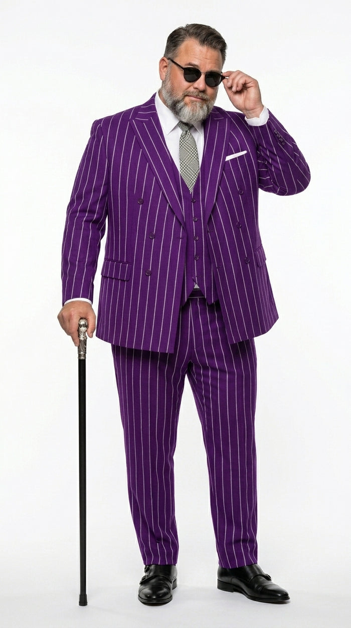 Men’s Purple Pinstripe 1920s Gangster Suit, Vintage Formal 3 Piece Wedding Prom Suit Set