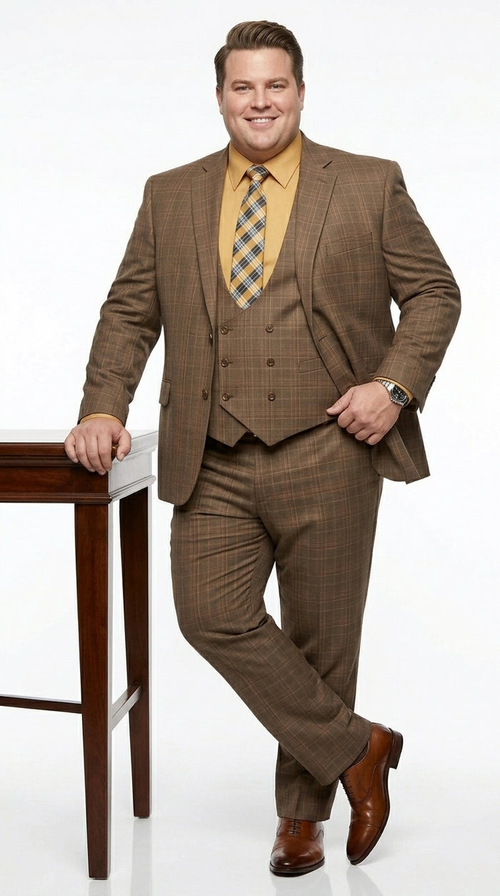 Men’s Brown Windowpane Plaid 3 Piece Suit, Two Button Peak Lapel Classic Formal Suit Set