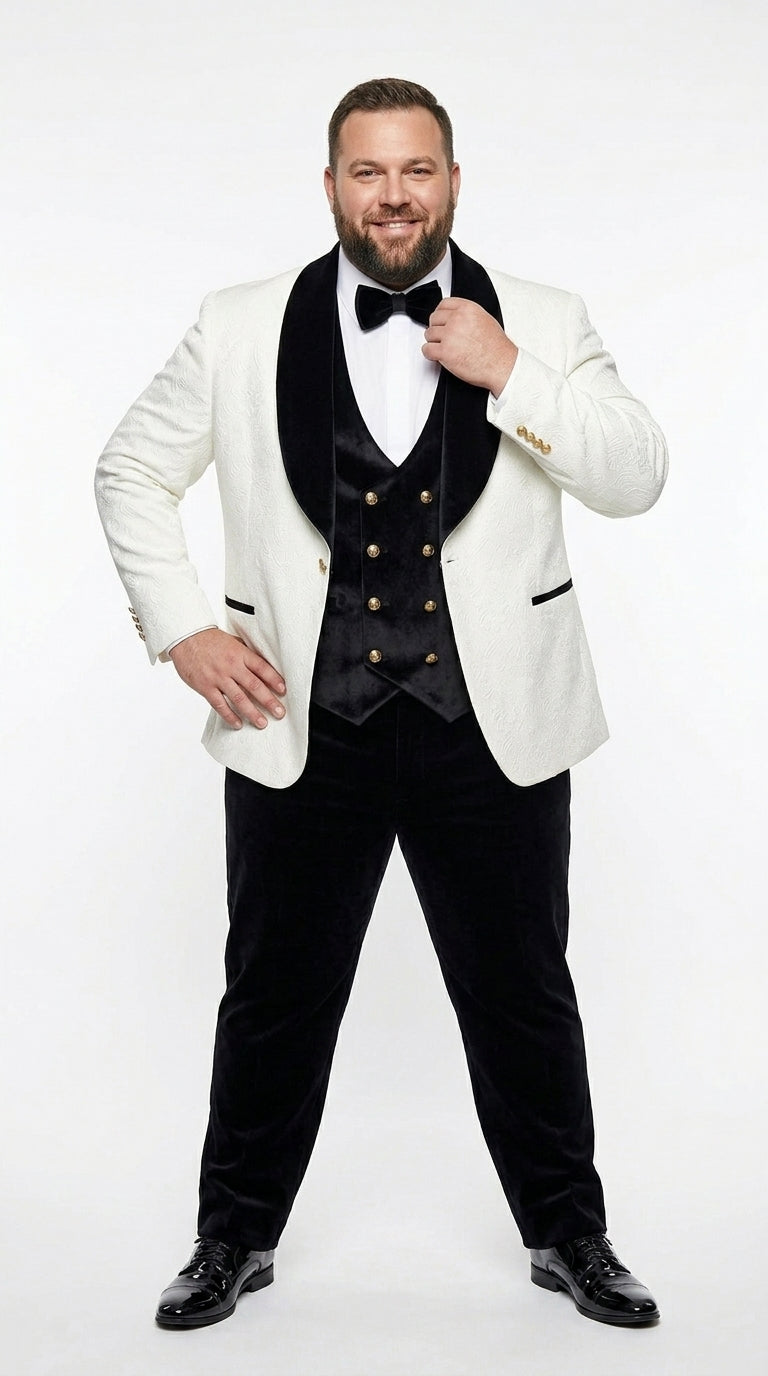 Men’s White Paisley 4 Piece Groom Wedding Suit with Black Velvet Shawl Collar and Matching Bowtie