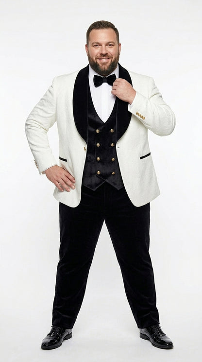 Men’s White Paisley 4 Piece Groom Wedding Suit with Black Velvet Shawl Collar and Matching Bowtie
