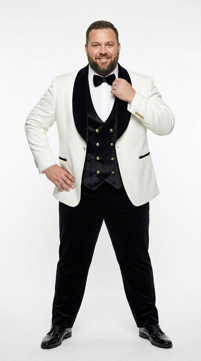 Men’s White Paisley 4 Piece Groom Wedding Suit with Black Velvet Shawl Collar and Matching Bowtie