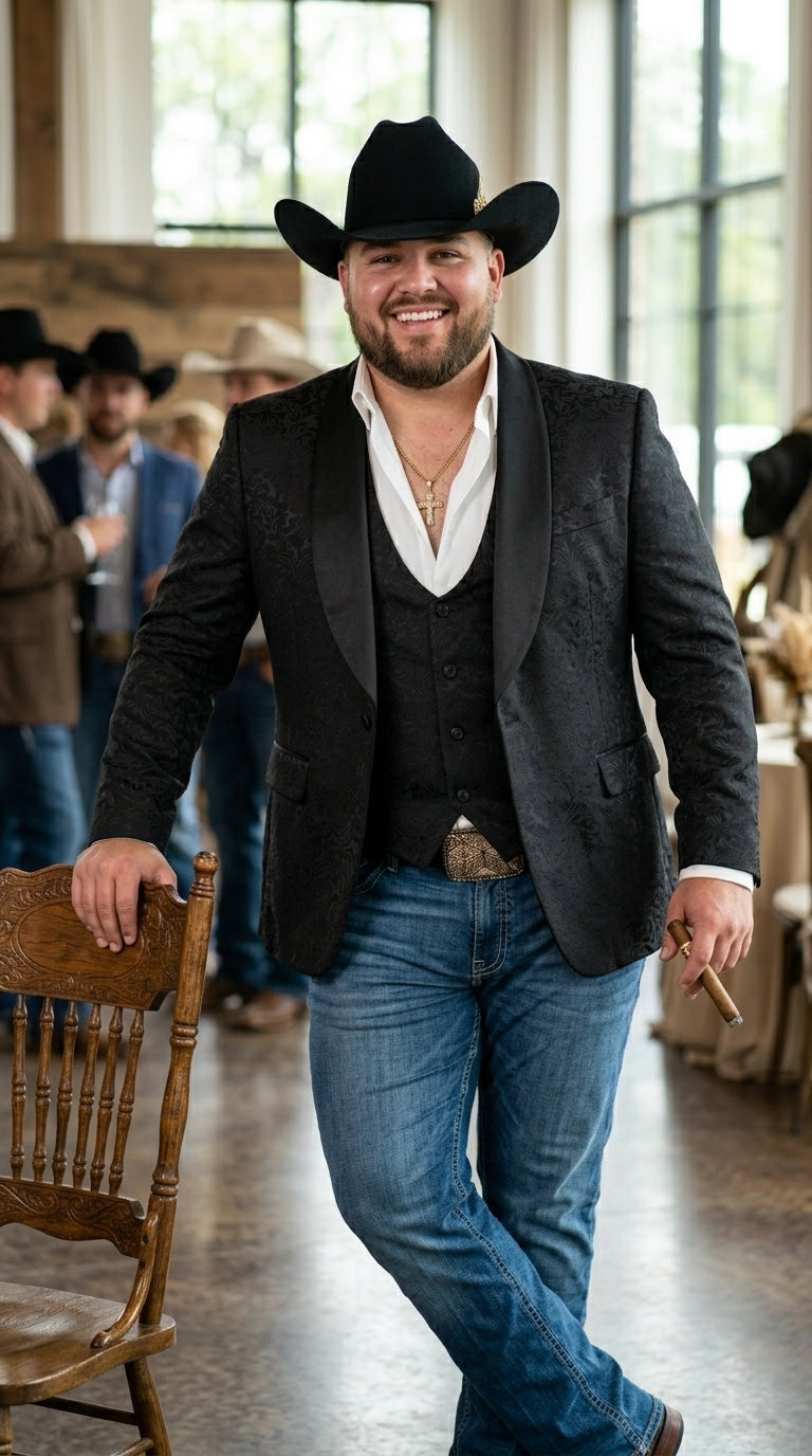 Men’s Black Paisley Jacquard Blazer with Satin Shawl Lapel, Western Formal Designer Jacket