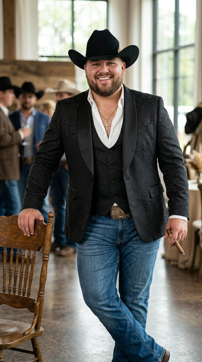 Men’s Black Paisley Jacquard Blazer with Satin Shawl Lapel, Western Formal Designer Jacket