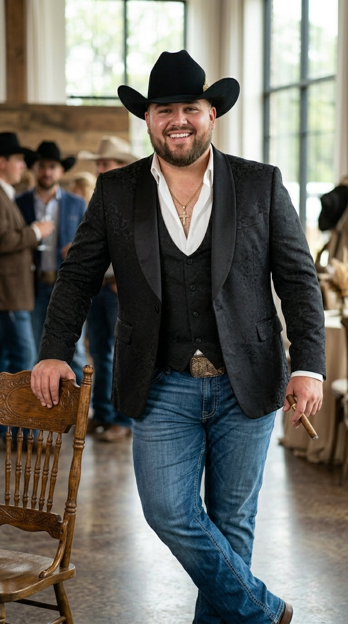 Men’s Black Paisley Jacquard Blazer with Satin Shawl Lapel, Western Formal Designer Jacket