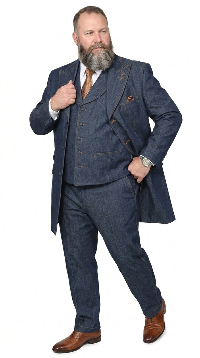 Men’s Blue Denim Zoot Suit, Long Vested Vintage Jeans Style Formal Suit Set