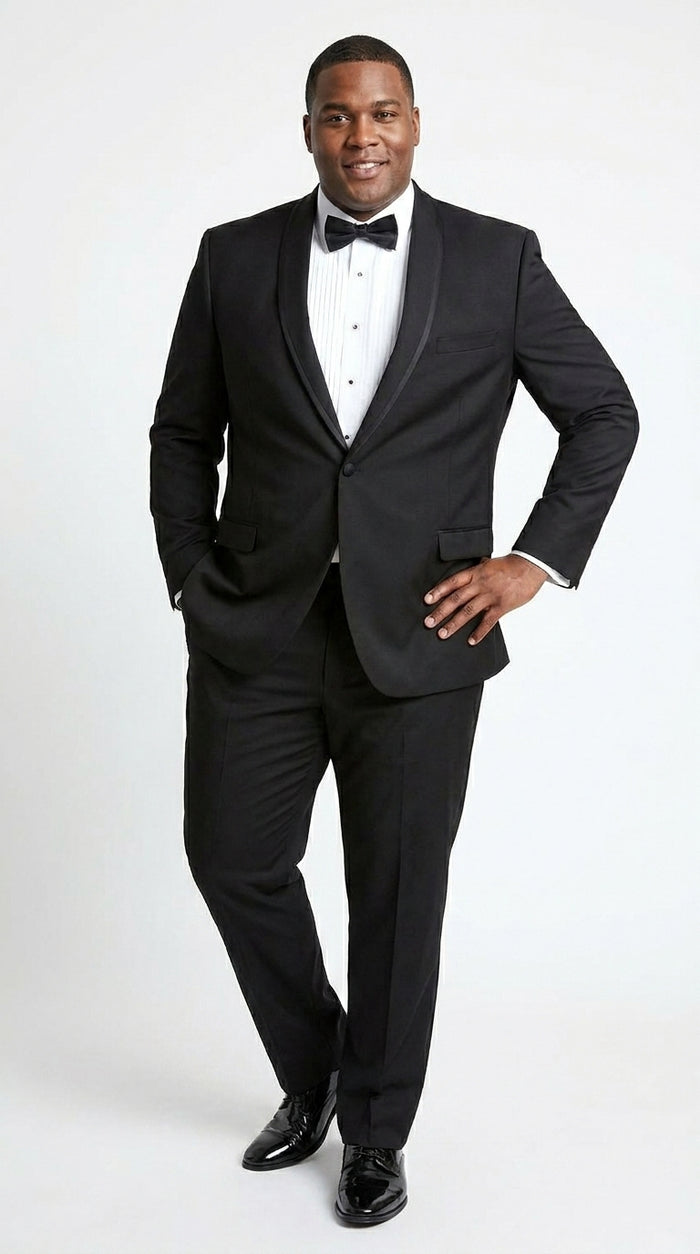 Men’s Black 1 Button Shawl Tuxedo with Black Satin Trim, Formal Wedding Dinner Suit