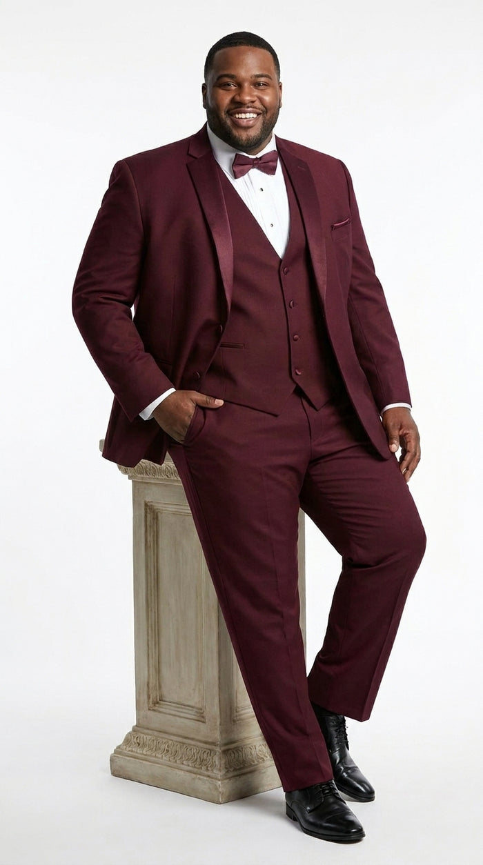 Men’s Burgundy Wool Vested Shawl Prom Tuxedo with One Button Jacket and Matching Pants