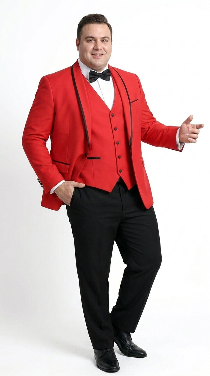 Men’s Red and Black One Button Shawl Tuxedo with Satin Trim, Formal Wedding Prom Dinner Suit